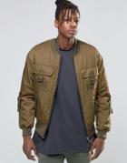 Asos Bomber Jacket With Multi Pockets And Straps In Khaki - Green