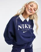 Nike Essentials Fleece Oversized Retro Logo Crew Neck Sweatshirt In Navy-blue