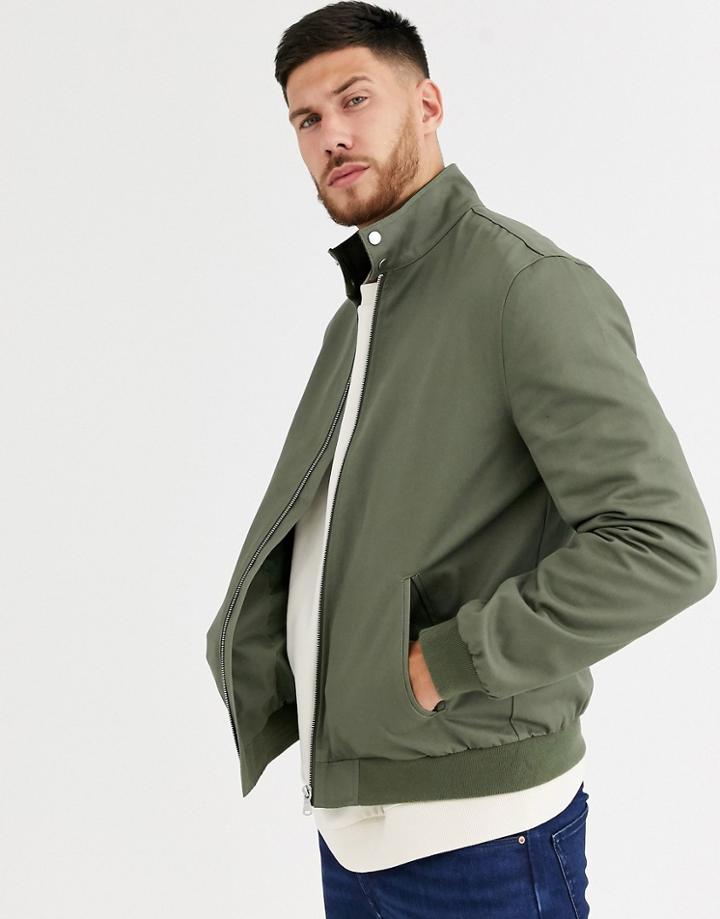 Asos Design Harrington Jacket With Funnel Neck In Khaki