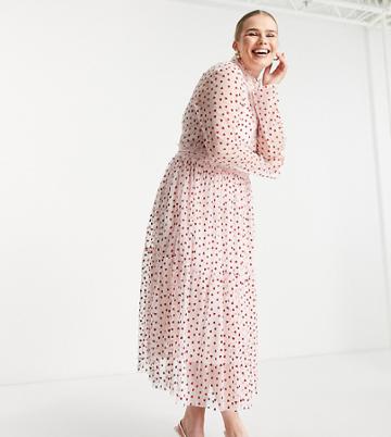 Lace & Beads Plus Long Sleeve Midi Dress With Lace Inserts In Pink Heart
