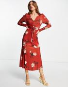 River Island Ruched Front Floral Midi Dress In Red