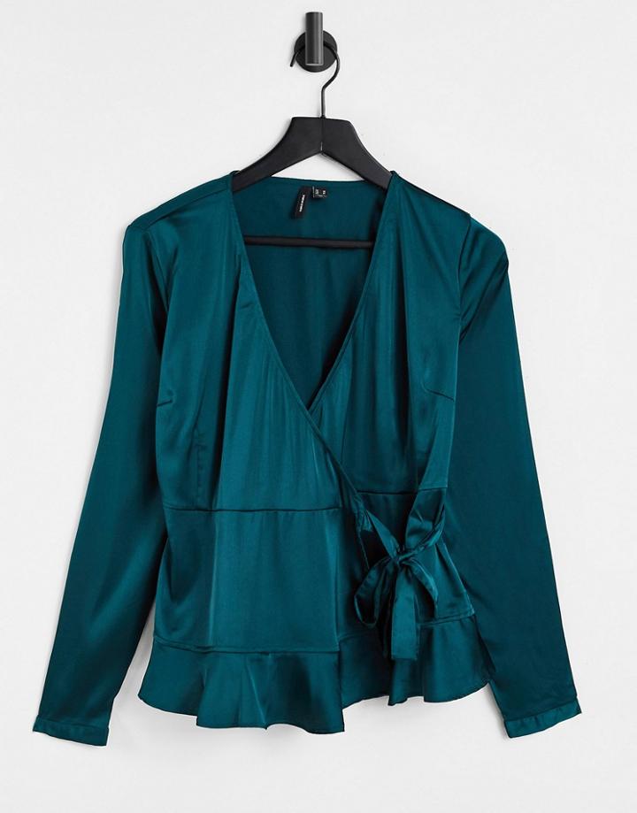 Vero Moda Satin Wrap Blouse In Green