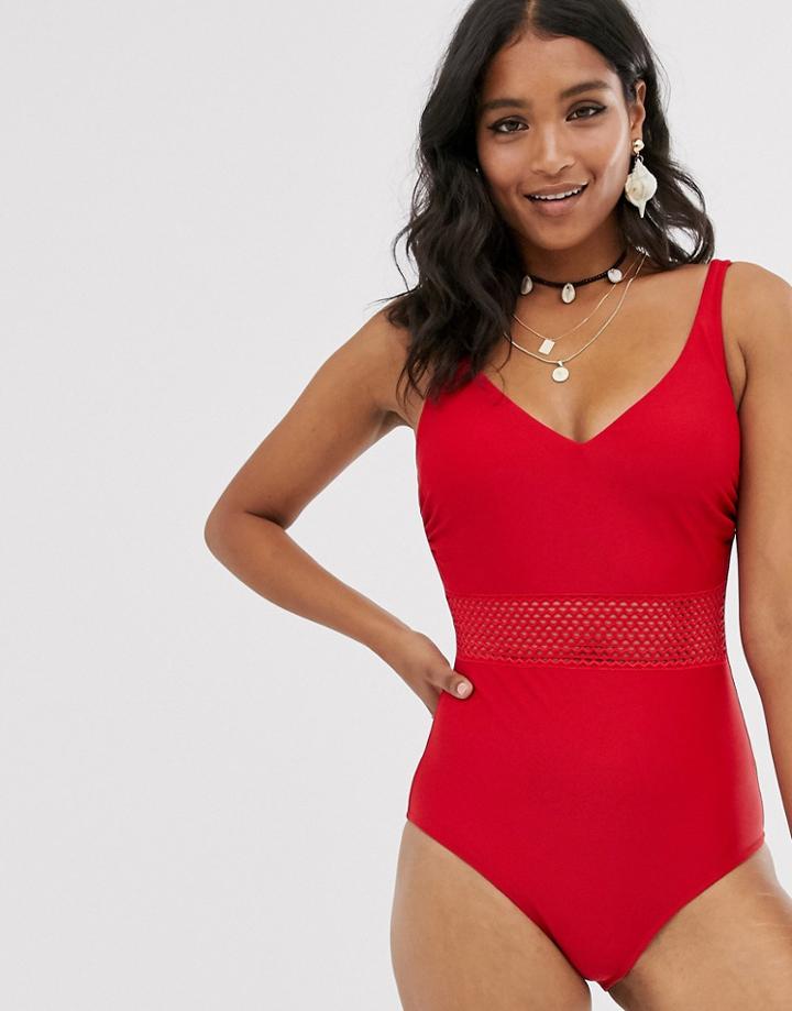 Pour Moi Crochet Waist Control Swimsuit In Red