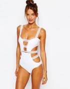Asos Burn Out Stripe Cut Out Swimsuit - White