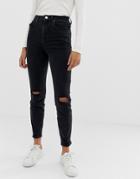 Asos Design Farleigh High Waisted Slim Mom Jeans In Washed Black With Busted Knees