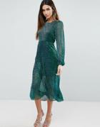 Traffic People Sparkle Long Sleeve Midi Dress - Green