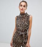 River Island Plisse Tie Front Tunic In Leopard Print - Brown