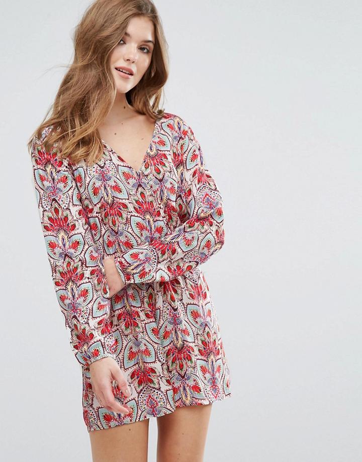 Lavand Printed Long Sleeve Romper - Red