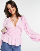 Asos Design Button Through Tea Blouse With Ruched Waist In Pink