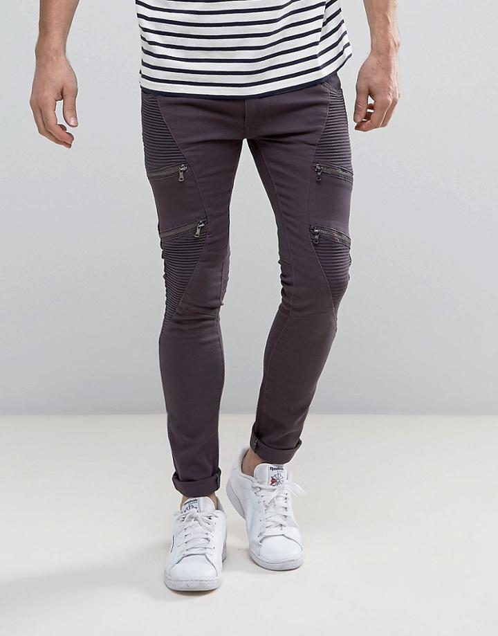Soul Star Skinny Biker Jeans With Multi Zip - Gray