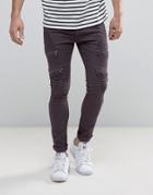Soul Star Skinny Biker Jeans With Multi Zip - Gray