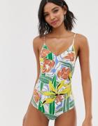 & Other Stories Low Cut Swimsuit With Back Detail In Tropical Print - Multi