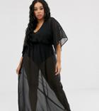Asos Design Curve Recycled Kimono Sleeve Tie Back Chiffon Maxi Beach Dress In Black