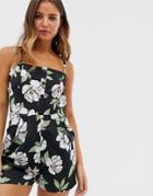 Influence Cami Strap Button Front Romper In Black Floral