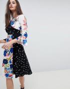 Asos Spot And Floral Midi Dress With Fluted Sleeve - Multi