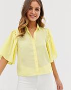 Asos Design Cropped Blouse With Flutter Sleeve - Yellow