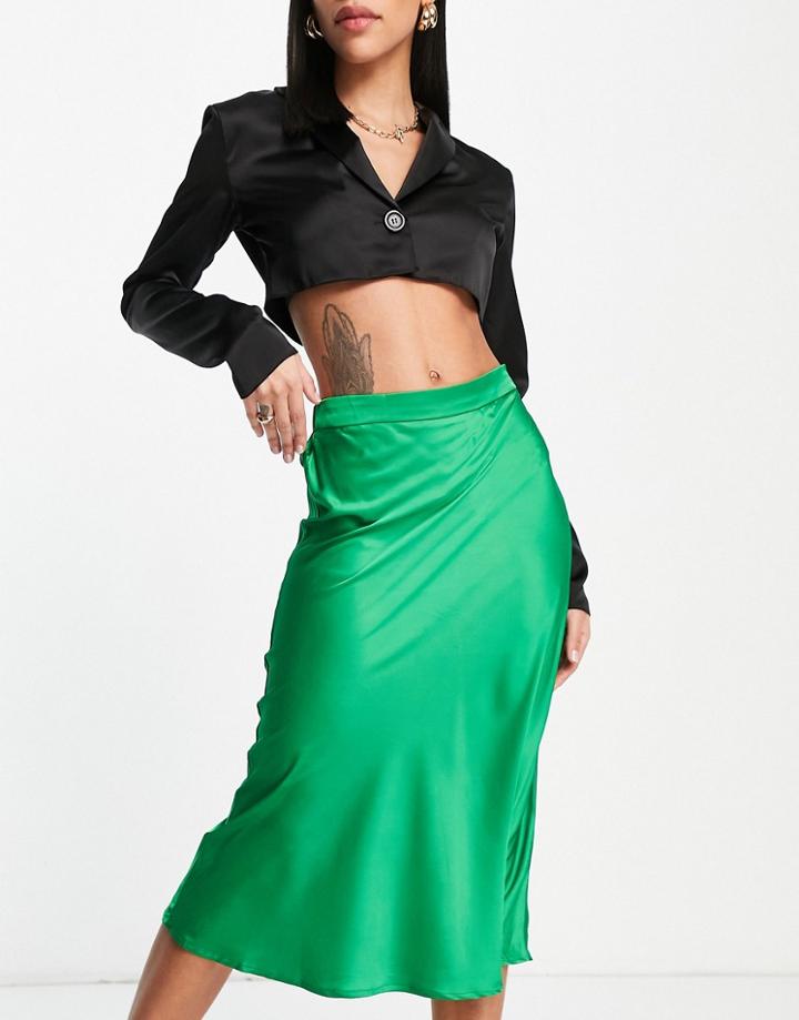 Vila Satin Bias Cut Midi Skirt In Bright Green