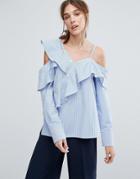 Neon Rose Asymmetric Ruffle Top In Shirting Stripe - Blue
