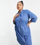 Only Curve Denim Mini Shirt Dress With Grandad Collar In Light Blue Wash-blues
