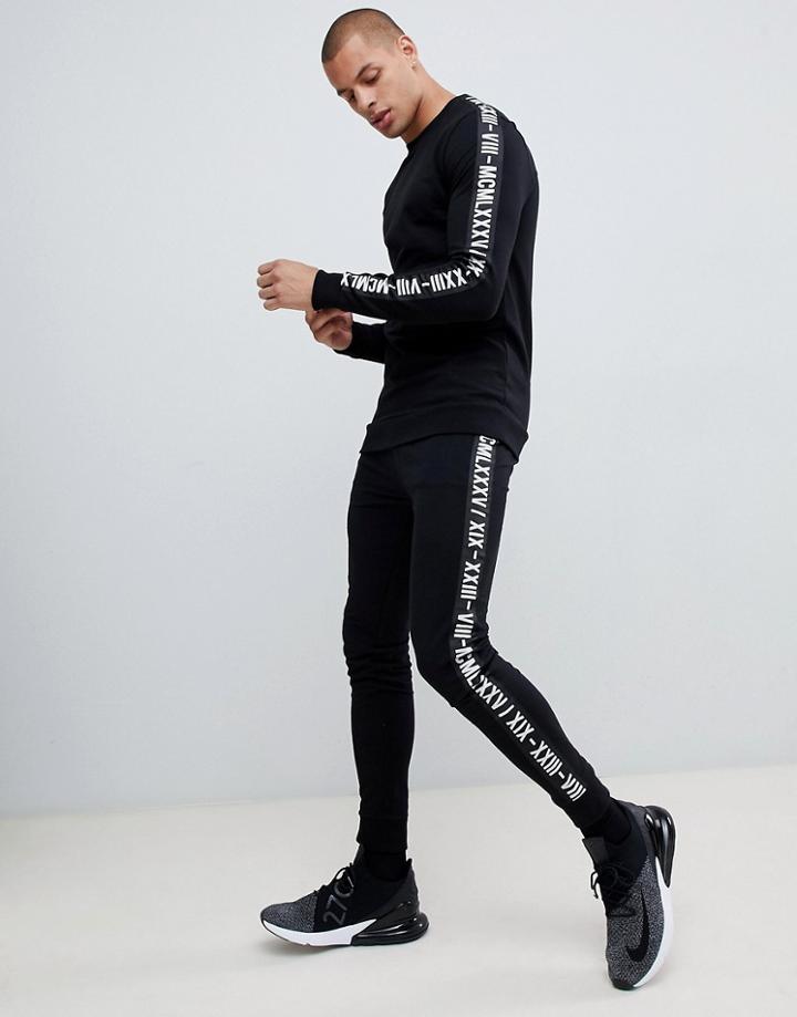 Asos Design Tracksuit Muscle Sweatshirt/super Skinny Joggers With Roman Numeral Side Stripes - Black