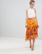 Asos Design Satin Wrap Midi Skirt In Floral Print - Multi