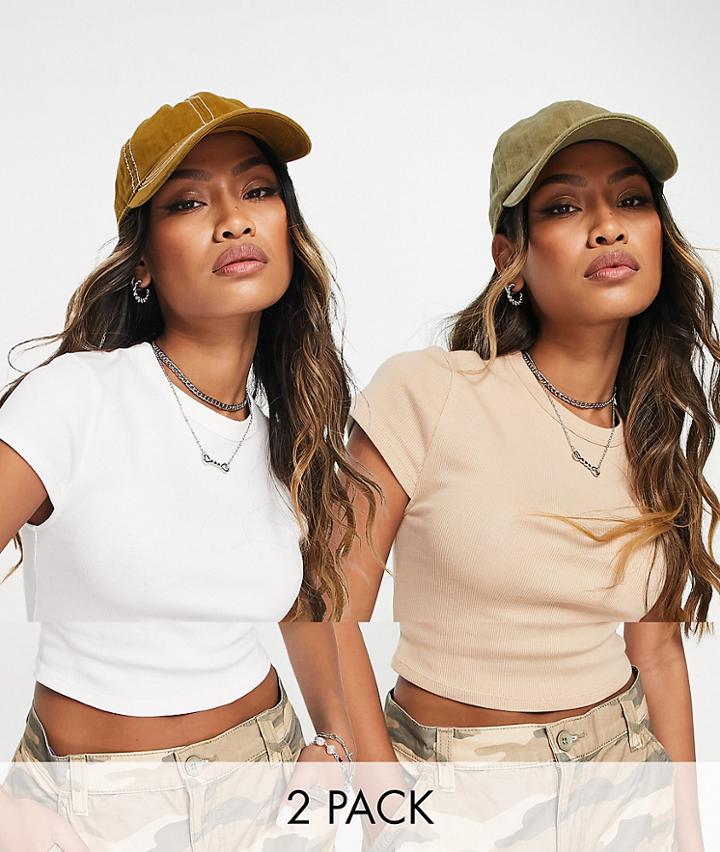Bershka Two Pack Cropped Tee In White And Camel