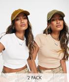 Bershka Two Pack Cropped Tee In White And Camel