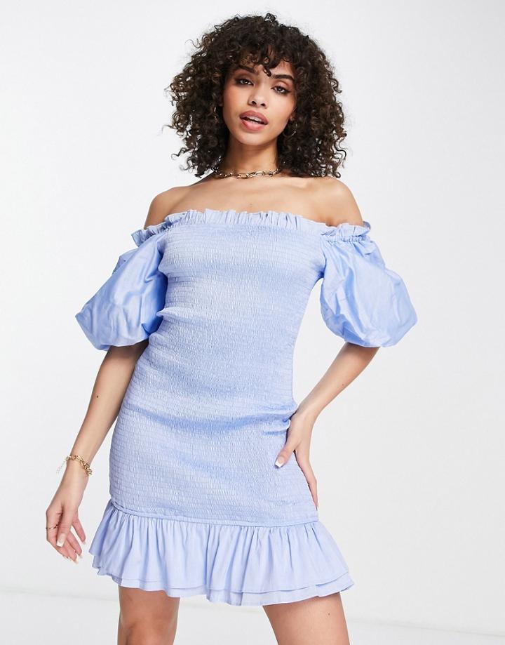 Missguided Shirred Puff Sleeve Frill Hem Mini Dress In Blue