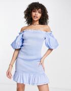 Missguided Shirred Puff Sleeve Frill Hem Mini Dress In Blue