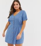 Asos Design Curve Denim Tea Dress With Mock Horn Buttons In Midwash Blue