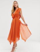 Asos Design Wrap Bodice Midi Dress With Drape Back-orange