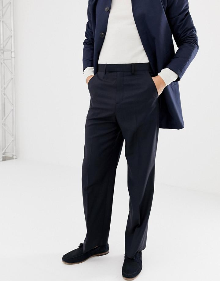 Asos Design Wide Leg Smart Pants In Navy 100% Wool - Navy