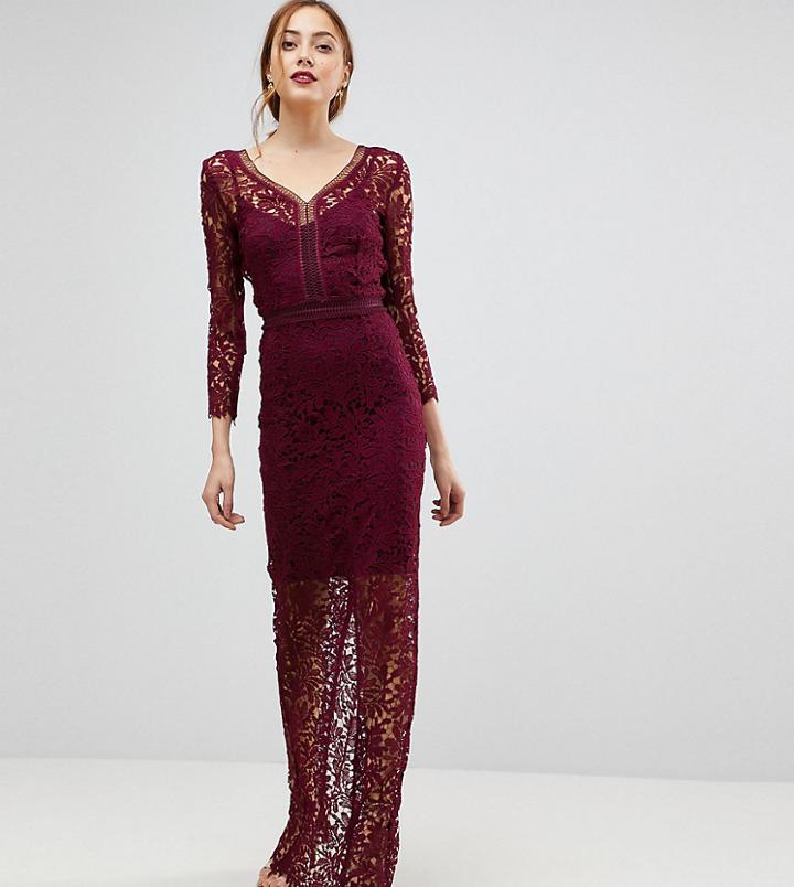 Little Mistress Tall Long Sleeve Lace Maxi Dress-red