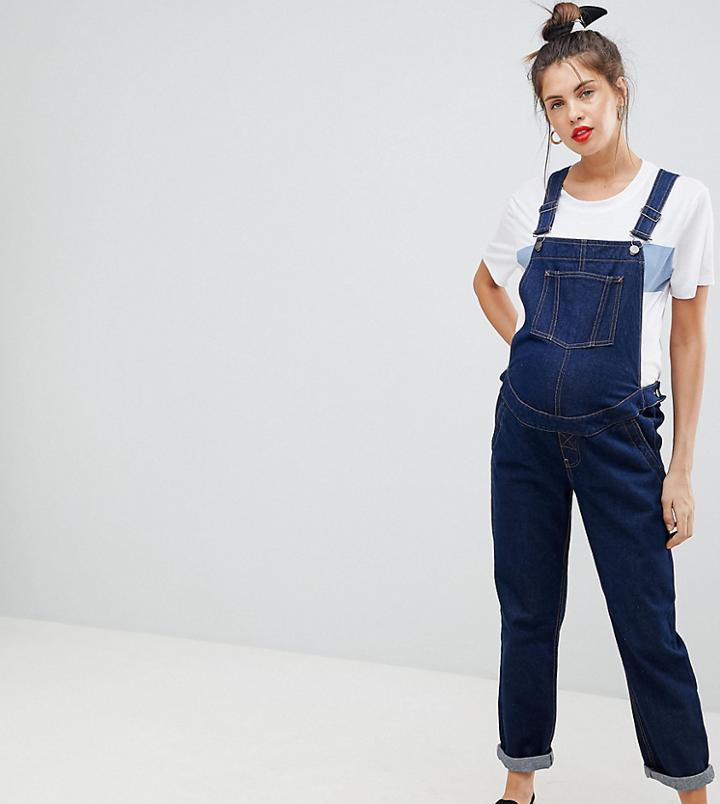 Asos Design Maternity Denim Overall In Rinsewash - Blue