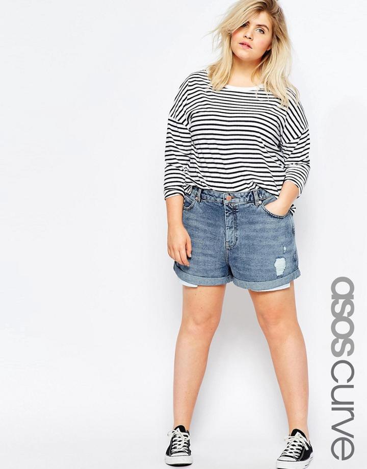 Asos Curve Mom Shorts In Indigo With Exposed Pockets - Blue