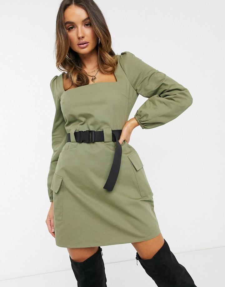Missguided Belted Utility Dress With Long Sleeves In Khaki-green