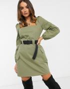 Missguided Belted Utility Dress With Long Sleeves In Khaki-green
