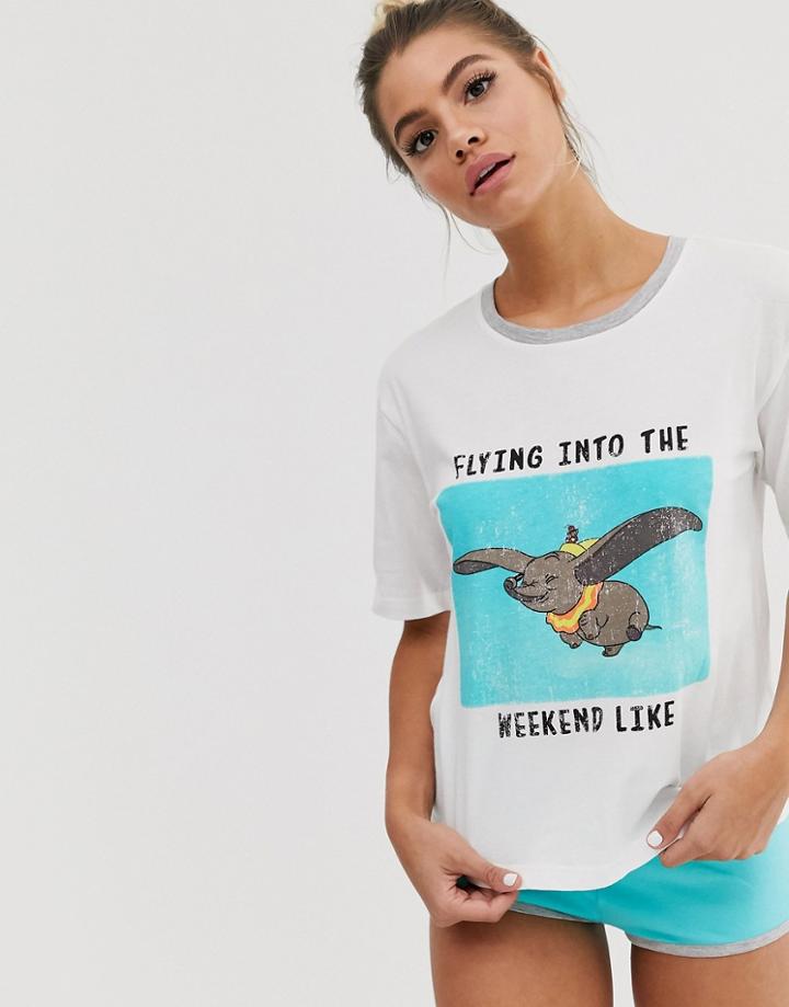 Asos Design Disney Dumbo Flying Into The Weekend Tee & Short Set-white