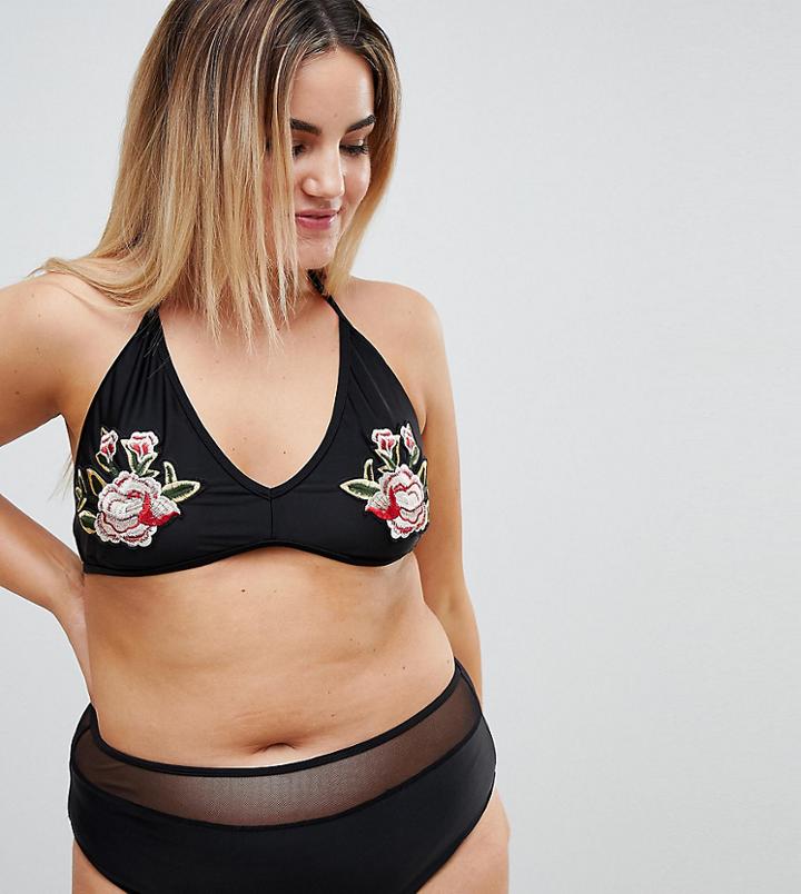 Unique 21 Plus Size Embroidered High Waist Bikini Set - Black
