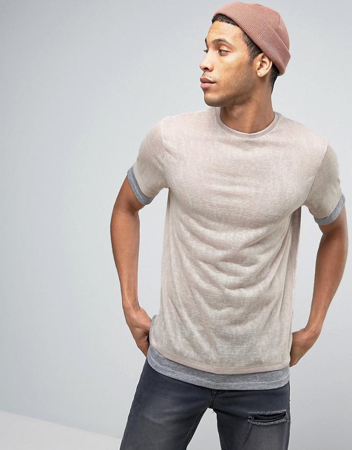 Asos Longline T-shirt In Linen Look With Contrast Cuff And Hem Extender - Pink