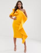 Lavish Alice One Shoulder Scuba Midi Dress With Frill Detail In Golden Yellow - Yellow