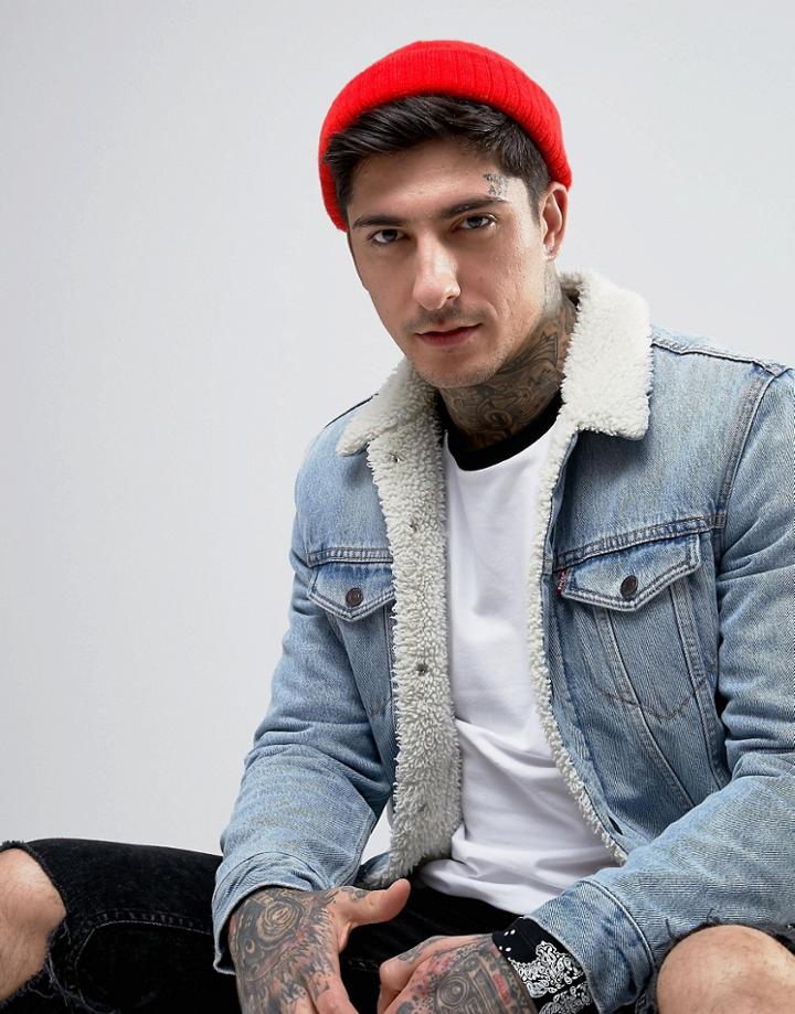 Asos Mini Fisherman Beanie In Red Brushed Yarn - Red