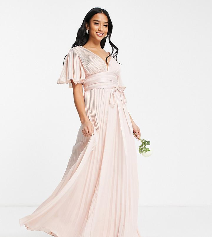 Asos Design Petite Bridesmaid Pleated Flutter Sleeve Maxi Dress With Satin Wrap Waist Blush-pink