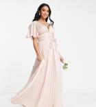 Asos Design Petite Bridesmaid Pleated Flutter Sleeve Maxi Dress With Satin Wrap Waist Blush-pink