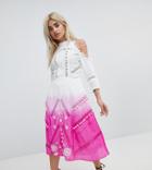 Asos Petite Premium Cold Shoulder Dip Dye Victoriana Midi Dress With Pom Pom Trims And Lace Inserts - Pink