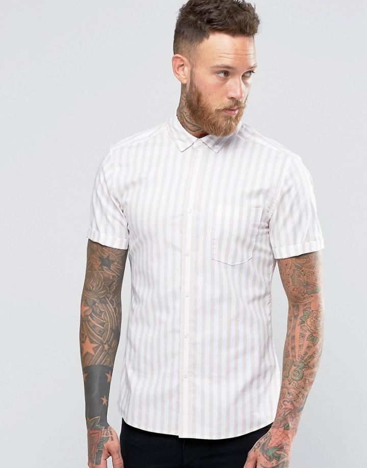 Asos Skinny Striped Shirt In Dusty Pink With Short Sleeves - Pink