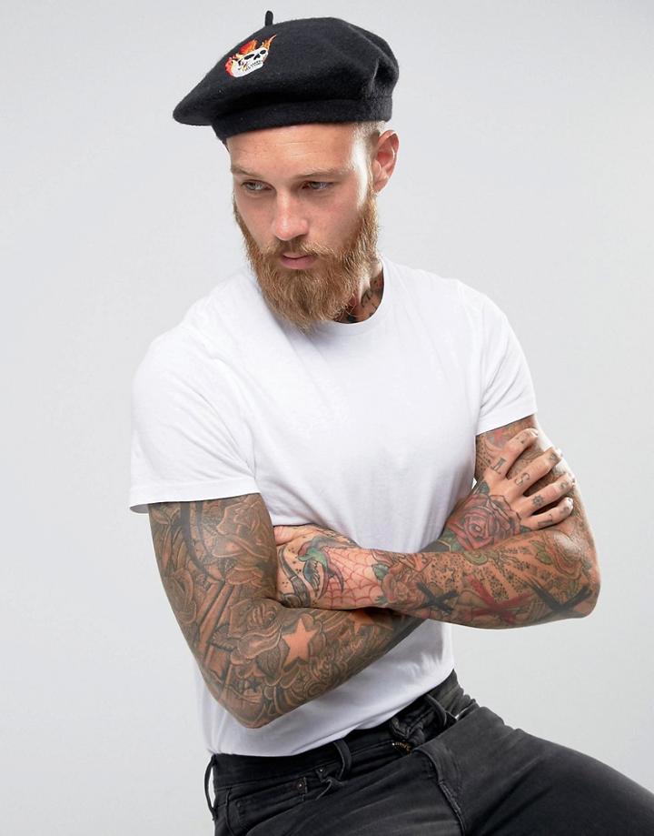 Asos Beret In Black With Skull Embroidery - Black