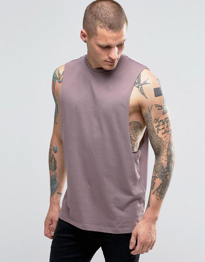 Asos Sleeveless T-shirt With Dropped Armhole In Purple - Gray