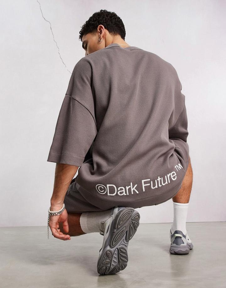 Asos Dark Future Oversized Short Sleeve Sweatshirt In Waffle With Embroidery In Charcoal - Part Of A Set-gray