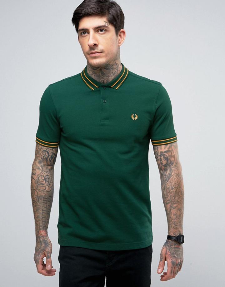 Fred Perry Slim Pique Polo Tramline Tipped In Green - Green